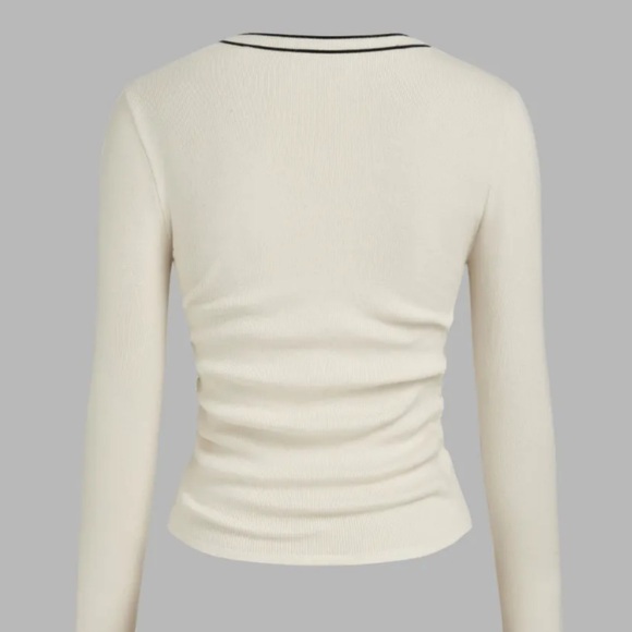 KNIT SQUARE NECK SOLID CONTRASTING BINDING RUCHED LONG SLEEVE TOP - Picture 2 of 6